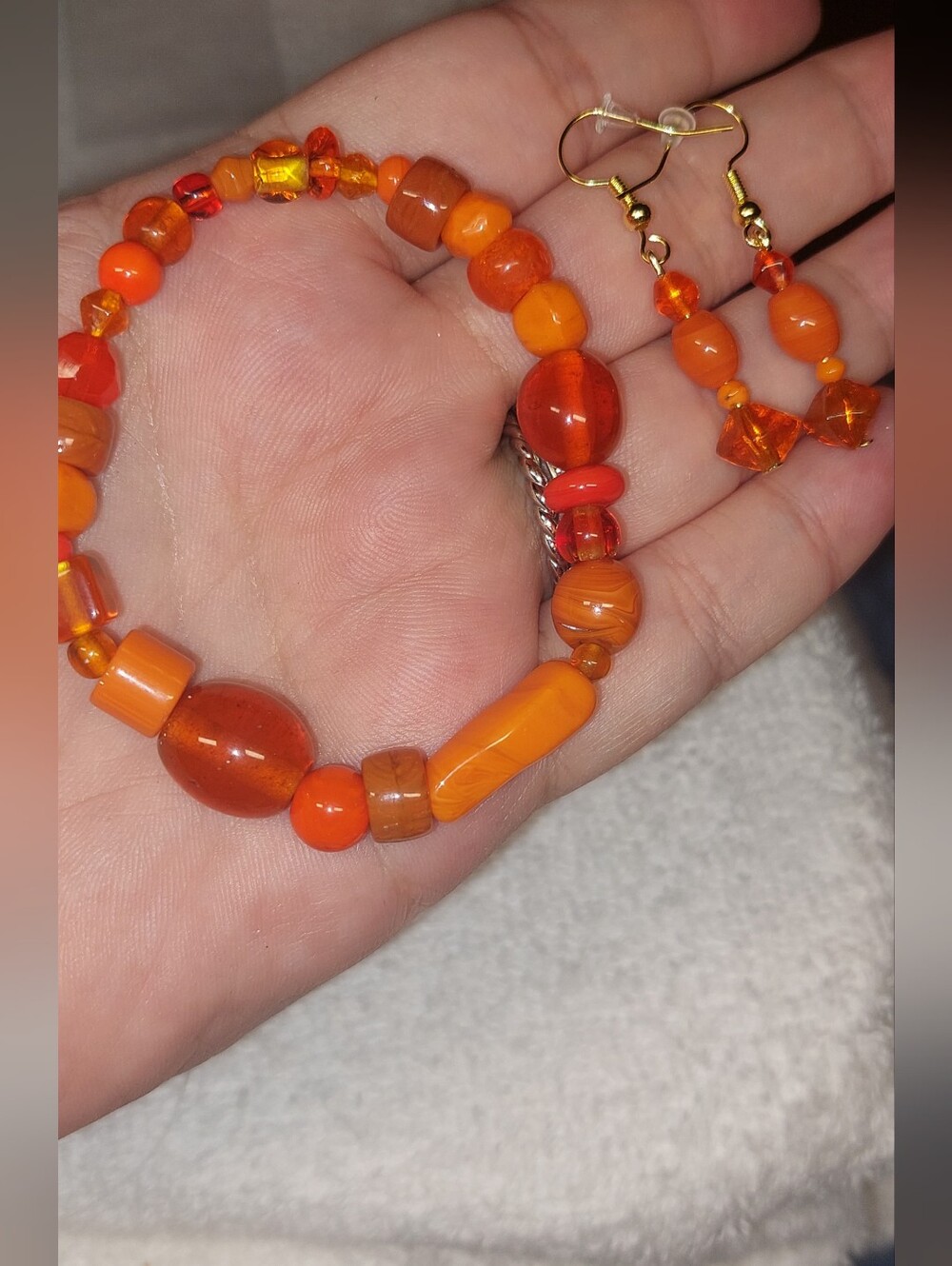 Handmade Glass Orange Beaded Bracelet and Earrings Set
